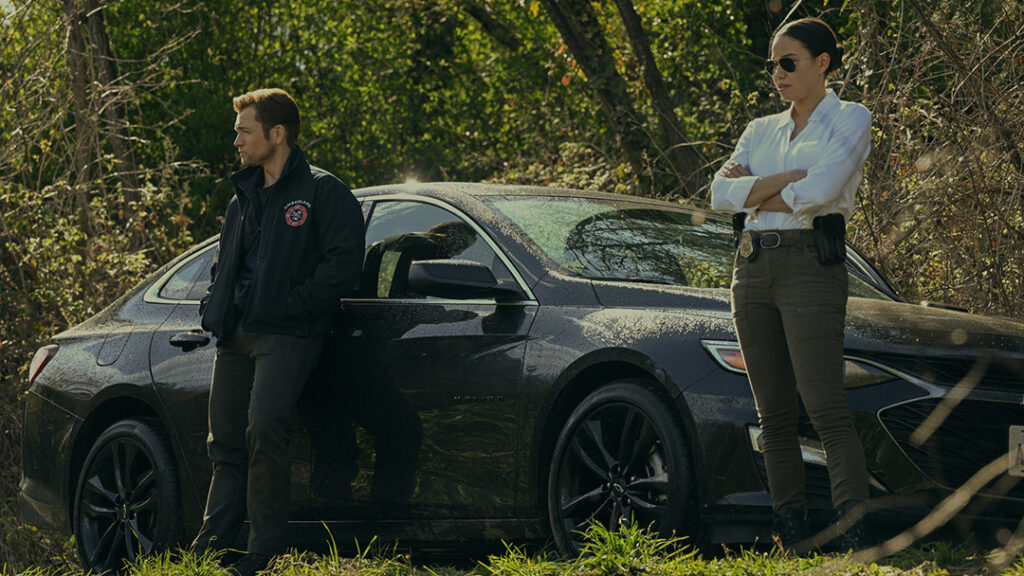 Taron Egerton as Dave Gudsen, and Jurnee Smollett as Michelle Calderone