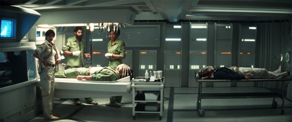 Alien: Earth - Chibuzo, Rahim and Zaveri in the medbay with the Facehuggers